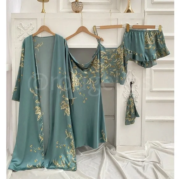 Dusty Teal Satin Pajama Lingerie Set of 5 Pieces - Picture 5 of 6